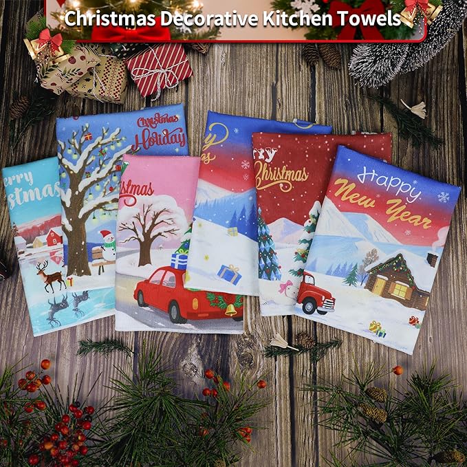 Christmas Kitchen Towels Xmas Hand Towel Decorative - Tea Towel Winter Snowy Decor Towel Absorbent Sets with Hanging Loop for Dish Holiday Garden Farmhouse Bathroom, 6 Pcs