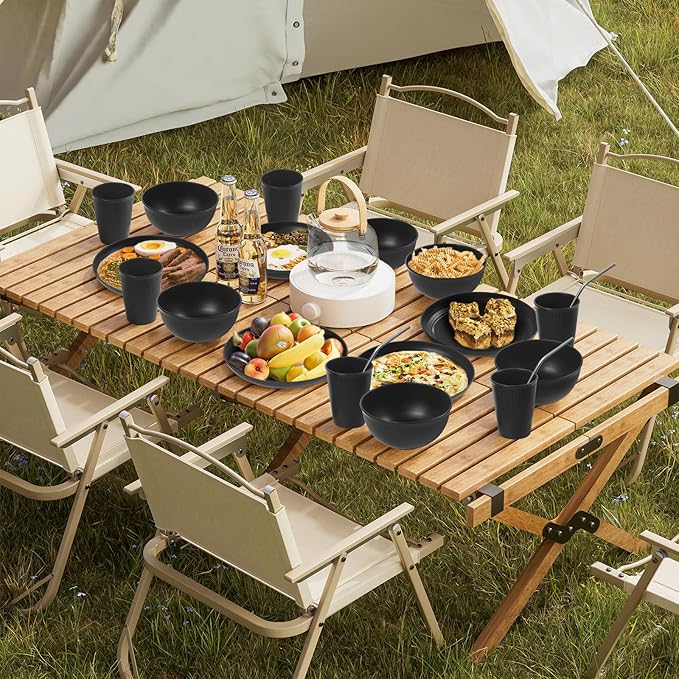 64PCS Wheat Straw Dinnerware Set BPA Free Unbreakable Reusable Dinnerware Set Kitchen Cups Plates and Bowls Sets Dishwasher Microwave Safe Plates