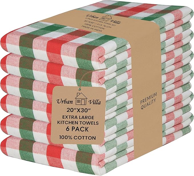 Urban Villa Christmas Set of 6 Kitchen Towels 20×30 Inch 100% Cotton Highly Absorbent Dish Towels Premium Quality Ultra Soft Bar & Tea Towels with Mitered Corners- Red/Green/White