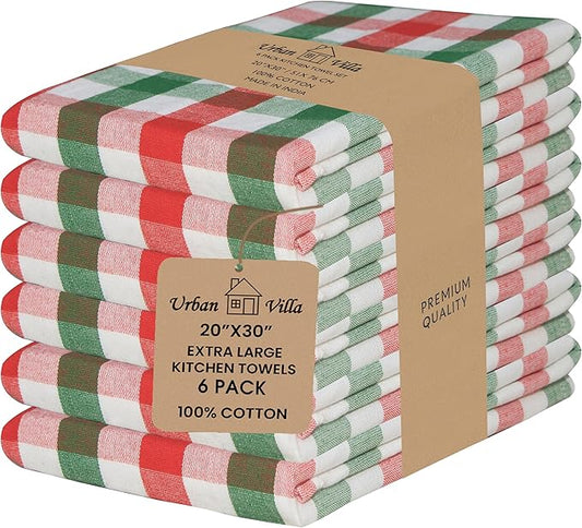 Urban Villa Christmas Set of 6 Kitchen Towels 20×30 Inch 100% Cotton Highly Absorbent Dish Towels Premium Quality Ultra Soft Bar & Tea Towels with Mitered Corners- Red/Green/White