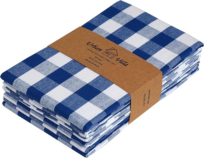 Urban Villa Kitchen Towels Set of 6 Buffalo Checks Blue/White Kitchen Towels 20X30 Inches 100% Cotton Highly Absorbent Kitchen Towels Premium Quality Ultra Soft Mitered Corners KitchenTowels