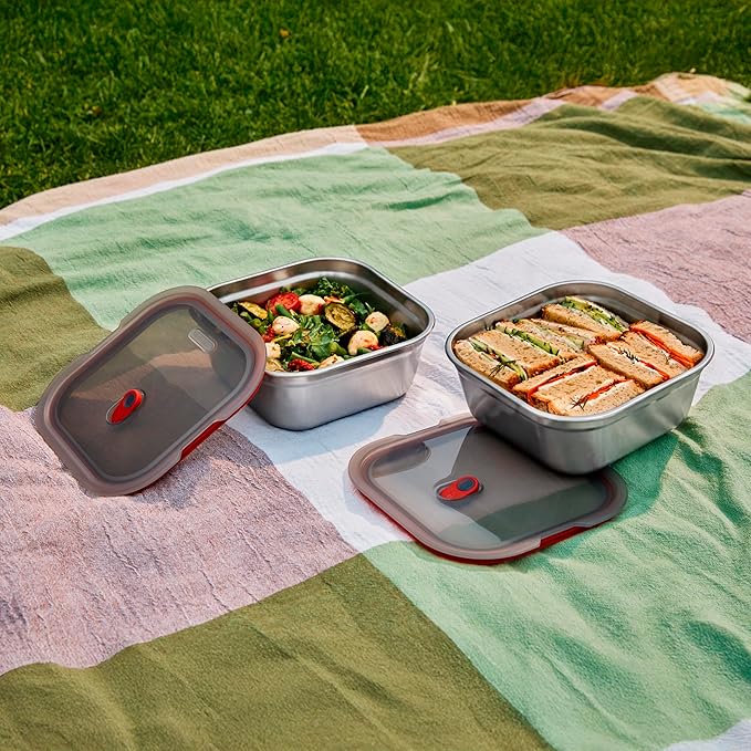 BLACK + BLUM Lunch Box - Meal Prep Containers Reusable for Picnic & Camping - Microwavable Stainless Steel Lunch Dinner Food Storage Box with Leak Proof Lid - Dishwasher Oven Safe - Small Square 37oz