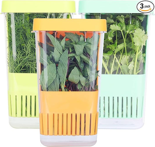 3 Pack Fresh Herb Keeper for Refrigerator, Clear BPA-Free Herb Saver, Storage Container for Cilantro, Parsley, Thyme, Mint & Asparagus, Preserver Keeps Fresh Herbs, Green & Blue & Orange