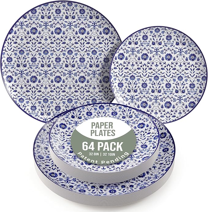 Trendables Heavy Duty Paper Plates Set For 32 Guests - 32 Each Of 8-inch And 10-inch Disposable Plates For Party - Fancy 64 Piece Dinnerware Set For All Occasions | Floral Design, Florentine