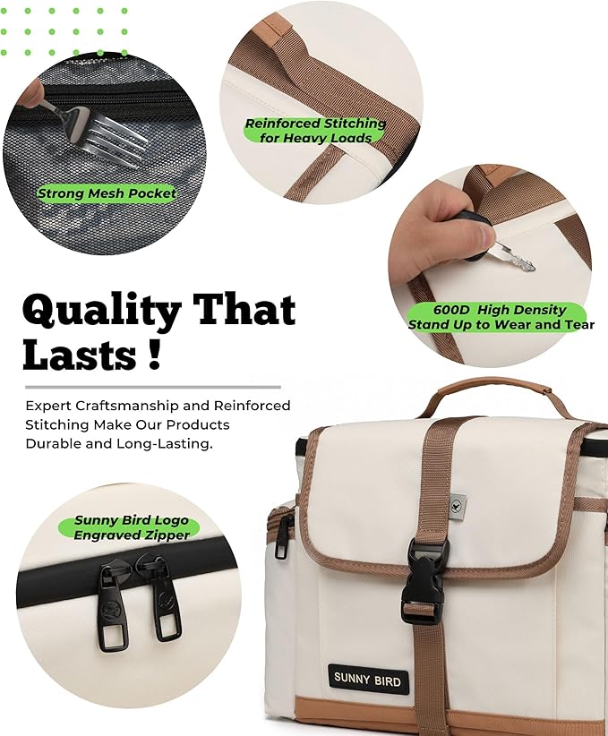 SUNNY BIRD Large Lunch Bag, Thermally Insulated Soft Cooler with Shoulder Strap for Women, Men (Classic Ivory)