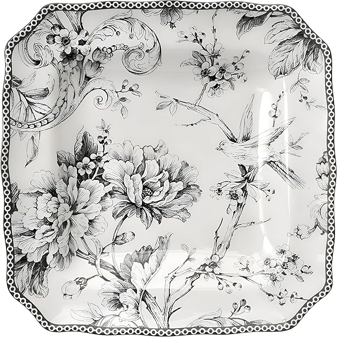 222 Fifth Adelaide 16-Piece Square Floral Dinnerware Set – Service for 4, Grey & White Porcelain Plates & Bowls, for Everyday Dining & Entertainment, Microwave & Dishwasher Safe, Chip Resistant