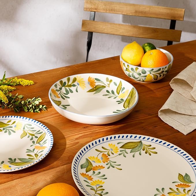 Bloomhouse Posy Blossom Double Bowl Hand Painted Stoneware Plates and Bowls Floral Dinnerware Set, Service for Four (16pcs)