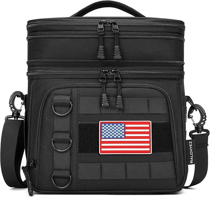 RalChyez Tactical Lunch Box for Men, Large Insulated Lunch Bag Expandable Double Deck Cooler Leakproof Waterproof Lunch Pail for Adult Women Work Office Shifts Picnic Travel Black