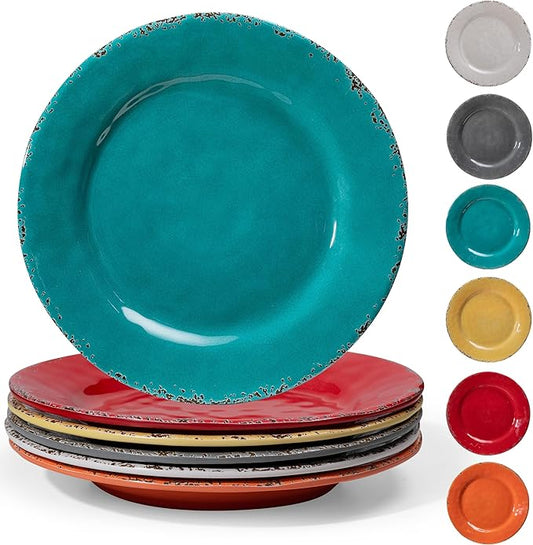 Rustic Melamine Dinner Plates, 11 inch Melamine Plates Set of 6, Large Salad/Dessert Plates, Unbreakable Colorful Serving Dishes Set for Indoor and Outdoor, Assorted Color…
