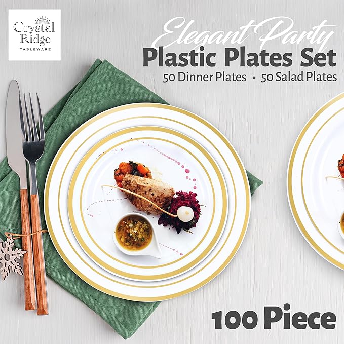 100-Piece Plastic Plates Set Premium 50 Dinner Plates & 50 Salad Plates Pack, Disposable Plates for Party - White Plastic Wedding Plates with Gold Rim