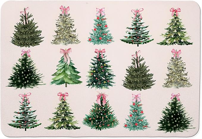 Pink Coquette Bow Christmas Tree Dish Drying Mat, Preppy Christmas Coffee Bar Mat for Countertops, Xmas Bauble Tree Absorbent Dish Drying Mats for Kitchen Counter Coffee Maker, 16x24 Inch