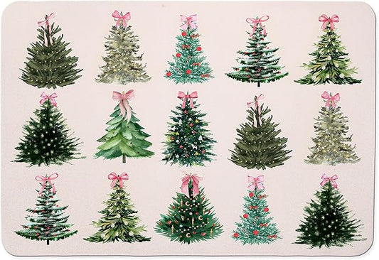 Pink Coquette Bow Christmas Tree Dish Drying Mat, Preppy Christmas Coffee Bar Mat for Countertops, Xmas Bauble Tree Absorbent Dish Drying Mats for Kitchen Counter Coffee Maker, 16x24 Inch