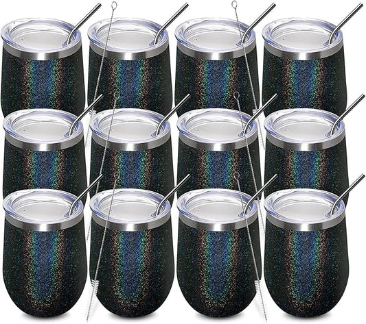 MEWAY 12oz/12 Pack Wine Tumbler Glasses with Lid - Stemless Double Wall Vacuum Stainless Steel Glitter Tumbler - Keeping Cold & Hot Cup for Coffee,Gift for Women(Rainbow Black,Set of 12)