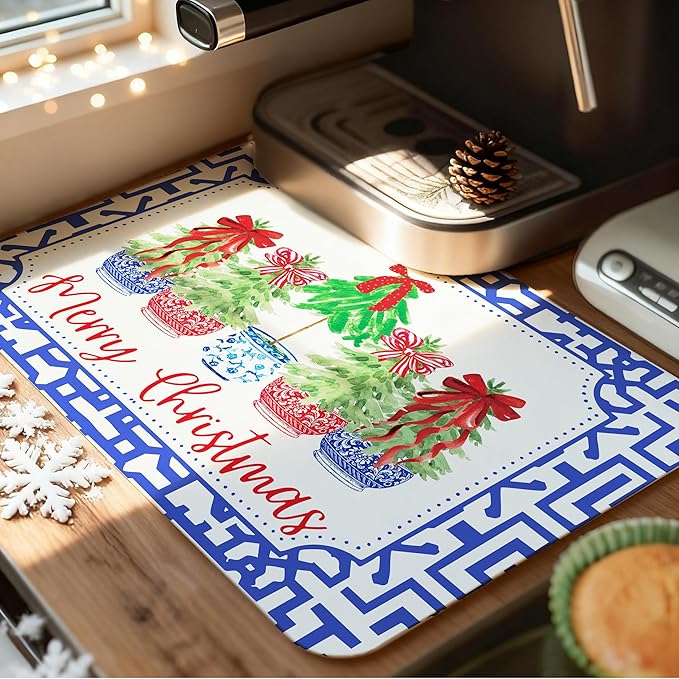 Chinoiserie Merry Christmas Tree Dish Drying Mat, Red Bow Xmas Tree Coffee Bar Mat for Countertops, Grandmillennial Xmas Absorbent Dish Drying Mats for Kitchen Counter Coffee Maker, 16x24 Inch