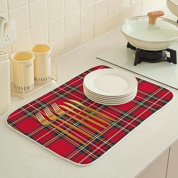 Christmas Buffalo Plaid Dish Drying Mats 18x24 Inch Red Drying Mats Xmas Winter Holiday Kitchen Decor Absorbent Drying Dish Pad Rack Drainer Mats for Kitchen Dining Room Counter