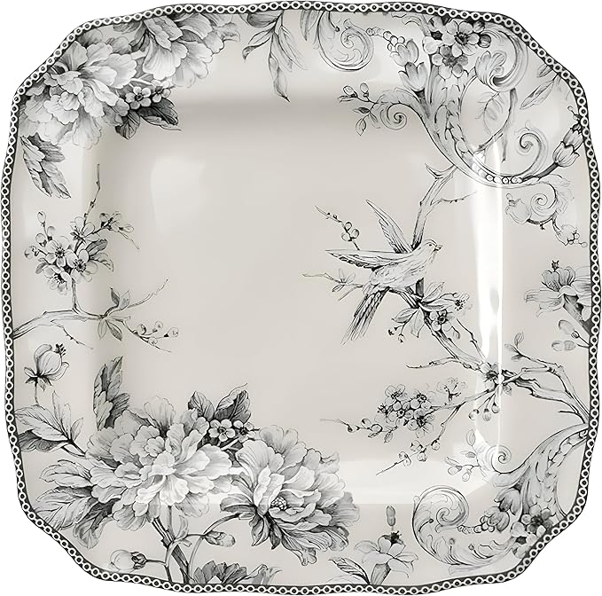 222 Fifth Adelaide 16-Piece Square Floral Dinnerware Set – Service for 4, Grey & White Porcelain Plates & Bowls, for Everyday Dining & Entertainment, Microwave & Dishwasher Safe, Chip Resistant