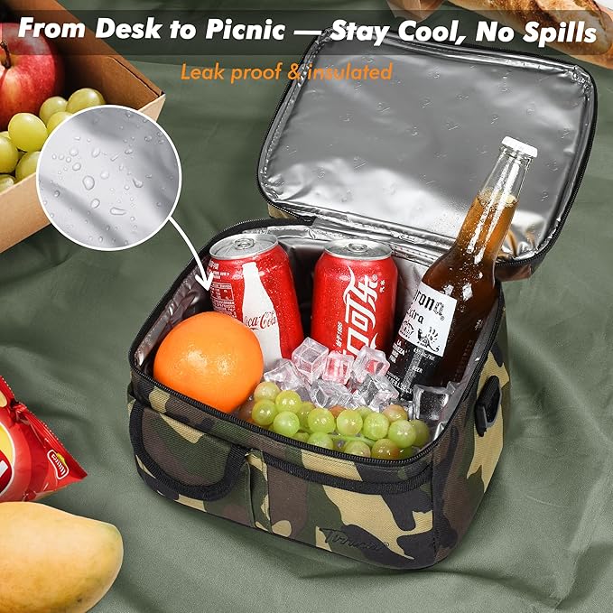 Tirrinia Reusable Lunch Box for Men Women, Insulated Lunch Bag Adult Work, Double Decker Leakproof Lunchbox for Office Picnic Beach—Dual Compartment Lunch Cooler Bag,Camo