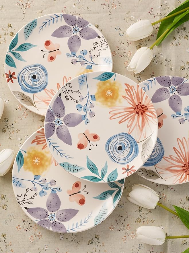 Bico Blossom Symphony Salad Plates Set of 4, 8.75 Inch Ceramic Dessert Plates for Salad, Appetizer, Side Dishes, Microwave and Dishwasher Safe, Gift for Housewarming and Thanksgiving