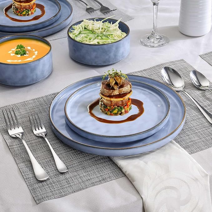 LIANYU 24 Pcs Plates and Bowls Dinnerware Sets for 8, Stoneware Dinner Dish Set, Dishware for Dessert Salad Pasta, Microwave & Dishwasher Safe, Serenity Blue