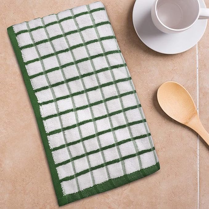 Urban Villa Kitchen Towels Green/White Set of 3 Terry Kitchen Towels 100% Cotton Ultra Soft Size 20X30 Inches Highly Absorbent Over Sized KitchenTowels with Hanging Loop KitchenTowels
