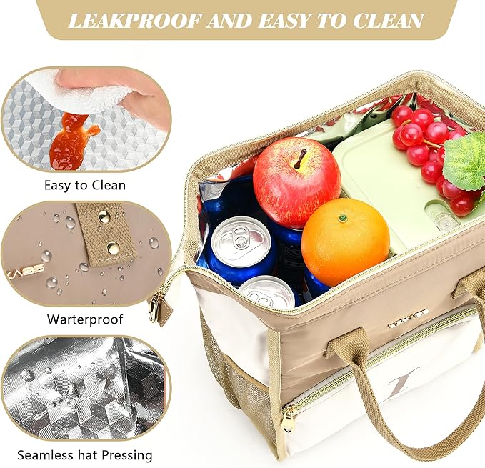 Personalized Lunch Box for Women, Reusable Insulated Lunch Bag, Wide-Open Adult Lunchbox Cooler Lunchbag Snack Organizer, Initial Leakproof Lunch Tote Bag for Picnic Work Outdoors, N