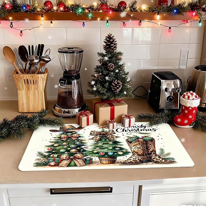 Western Christmas Tree Dish Drying Mat, Leopard Bow Cowgirl Christmas Coffee Bar Mat for Countertops, Holiday Xmas Absorbent Dish Drying Mats for Kitchen Counter Coffee Maker, 16x24 Inch