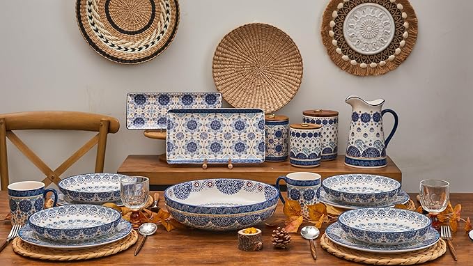 Bico Blue Talavera Dinner Plates Set of 4, 11 Inch Large Ceramic Plates for Pasta, Steak, Stylish Serving Dishes, Microwave and Dishwasher Safe, Gift for Housewarming and Thanksgiving