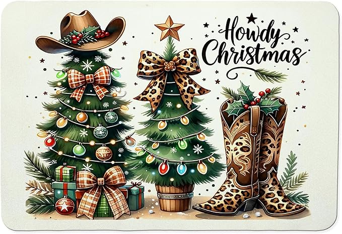 Western Christmas Tree Dish Drying Mat, Leopard Bow Cowgirl Christmas Coffee Bar Mat for Countertops, Holiday Xmas Absorbent Dish Drying Mats for Kitchen Counter Coffee Maker, 16x24 Inch