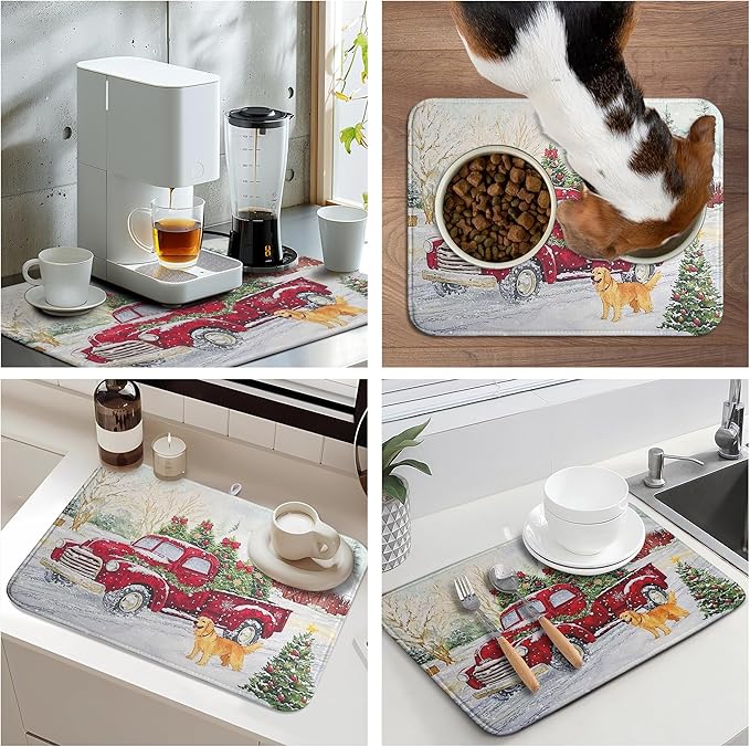 Christma Red Truck Dish Drying Mat Winter Dog Large Kitchen Mats Dish Drying Pad Xmas Tree Vintage Absorbent Dish Dryer Mat for Kitchen Countertops Microfiber Drainer Pad Dish Drying Mats (18x24 in)