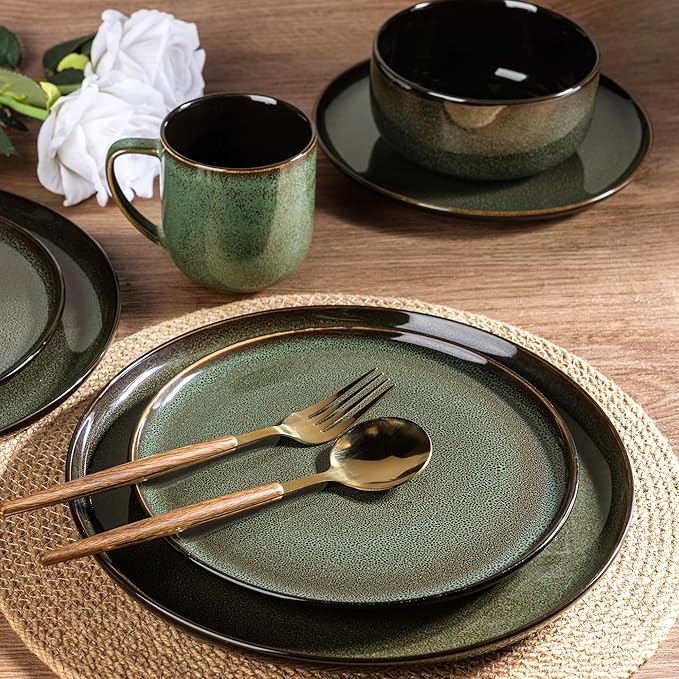 LERATIO Ceramic Dinnerware Sets for 4,16-PieceReactive Glaze Plates and Bowls Set with Mugs,Highly Chip and Crack Resistant | Dishwasher,Microwave & Oven Safe Dishes set-Green