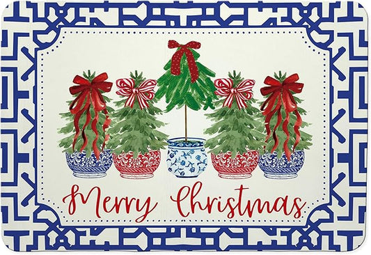 Chinoiserie Merry Christmas Tree Dish Drying Mat, Red Bow Xmas Tree Coffee Bar Mat for Countertops, Grandmillennial Xmas Absorbent Dish Drying Mats for Kitchen Counter Coffee Maker, 16x24 Inch
