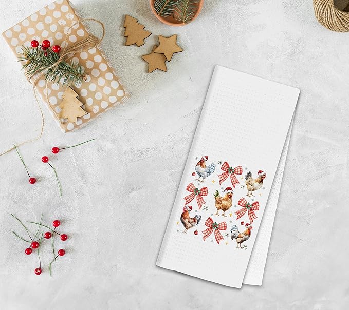 Red Plaid Bow Christmas Chicken Kitchen Towels, Chicken Lover Mom Lady Gifts Dish Tea Towels for Kitchen, Christmas Farm Hen Rooster Decorative Hand Towel for Bathroom, 16x24 Inch