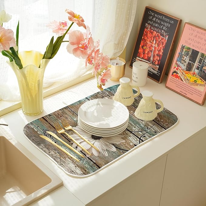 Rustic Daisy Dish Drying Mats 18x24 Inch Vintage Sunflowers on Wooden Board Drying Mats Seasonal Outdoor Farmhouse Decor Coffee Bar Mat Fast Drying for Kitchen Dining Room Decorative