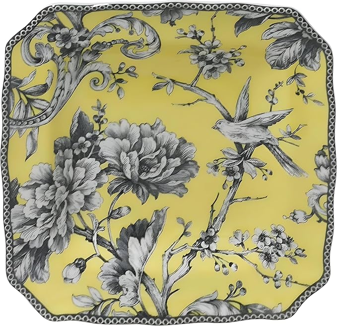 222 Fifth Adelaide 16-Piece Square Floral Dinnerware Set – Service for 4,Yellow Porcelain Plates & Bowls, for Everyday Dining & Entertainment, Microwave & Dishwasher Safe, Chip Resistant