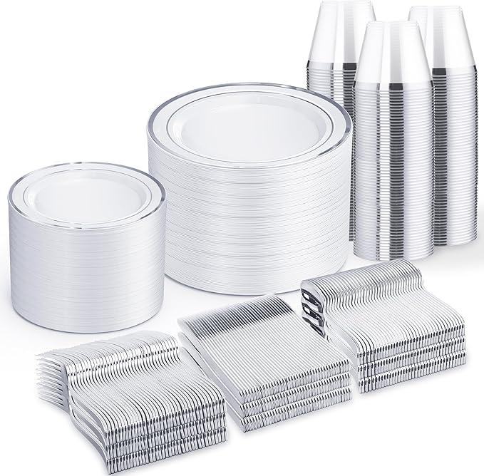 WELLIFE 600 PCS Silver Disposable Dinnerware Set for 100 Guests, Wedding Plates Silver Plastic Plates for Party, 100 Each-Dinner & Salad Plates, Cups, Forks Knives Spoons for Wedding and Anniversary