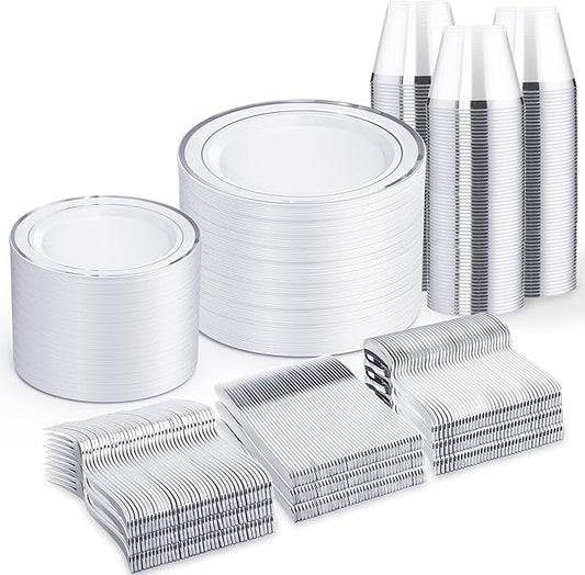WELLIFE 600 PCS Silver Disposable Dinnerware Set for 100 Guests, Wedding Plates Silver Plastic Plates for Party, 100 Each-Dinner & Salad Plates, Cups, Forks Knives Spoons for Wedding and Anniversary