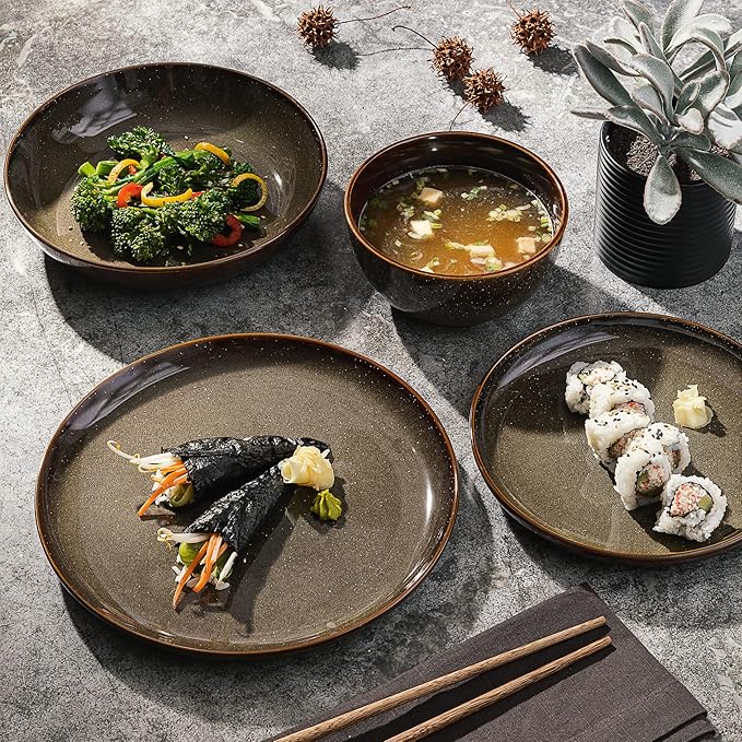 Gibson Elite Edwina Double Bowl Dinnerware Set,Dark Green, Service for 4 (16pcs)