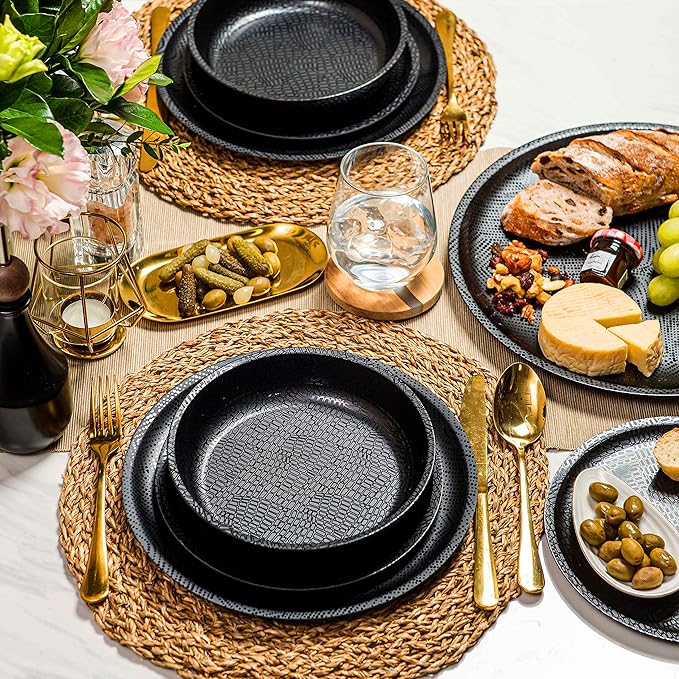 bzyoo 12 Piece Melamine Dinnerware Set - Durable, Dishwasher Safe Black Plates and Bowls - Casual Dining, Parties, Camping Dish Set Mono Black Collection