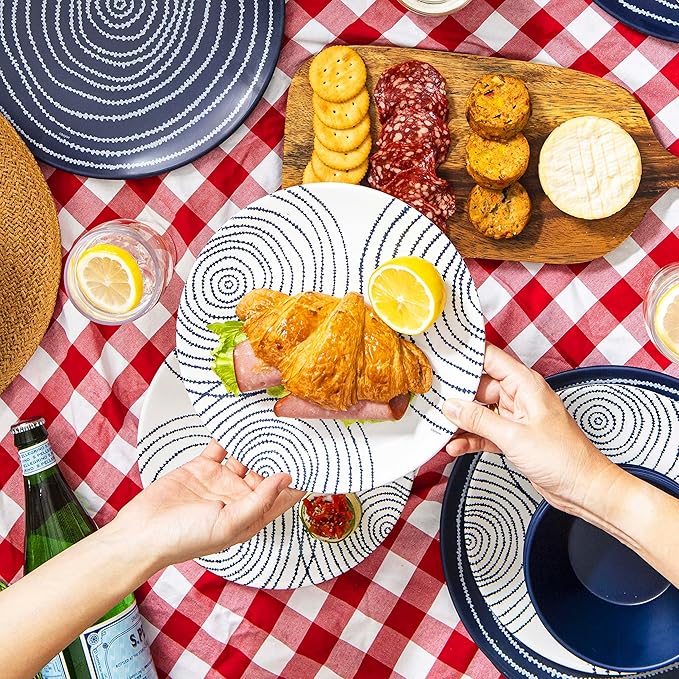 bzyoo 12 Piece Melamine Dinnerware Set - Durable, Dishwasher Safe Blue Plates and Bowls - Dining, Parties, Camping Dish Set Blue Planet Collection