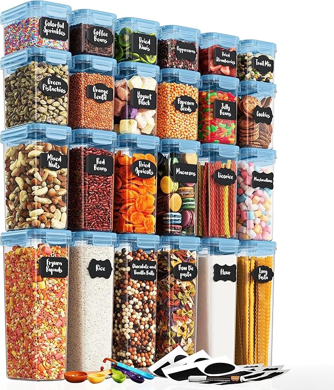 Chef's Path Airtight Food Containers with Lids (24 Pack - Blue) Kitchen Pantry Organization - BPA Free Food Storage Organizers for Cereal, Brown Sugar, Dry food - With Marker, Labels & Spoons