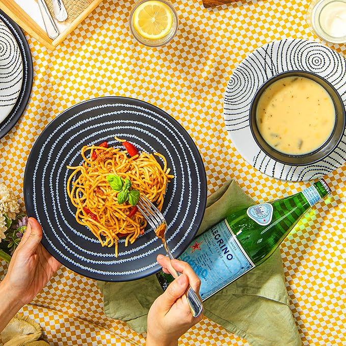 bzyoo 12 Piece Melamine Dinnerware Set - Durable, Dishwasher Safe Black Plates and Bowls - Dining, Parties, Camping Dish Set Black Planet Collection