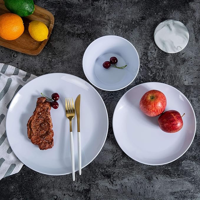 Melamine Dinnerware Set - 12pcs Plates and Bowls Set for 4, Indoor and Outdoor Use, Dishwasher Safe, Lightweight,White