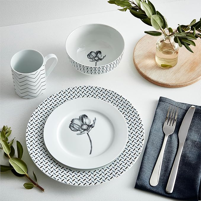 Portmeirion Home Stella 16 Piece Set - Monochrome Porcelain Dinnerware Collection with Patterned Borders, Mix & Match Designs - Ideal for Family Dining, Casual Entertaining & Modern Table Settings