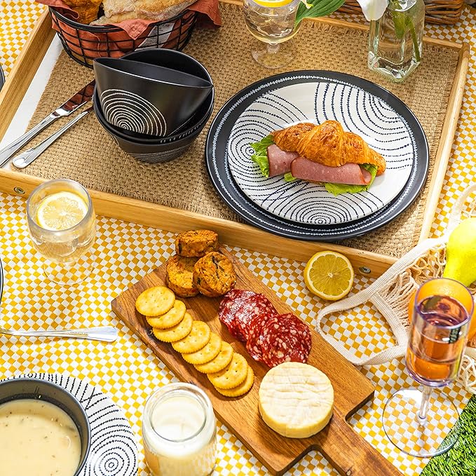 bzyoo 12 Piece Melamine Dinnerware Set - Durable, Dishwasher Safe Black Plates and Bowls - Dining, Parties, Camping Dish Set Black Planet Collection