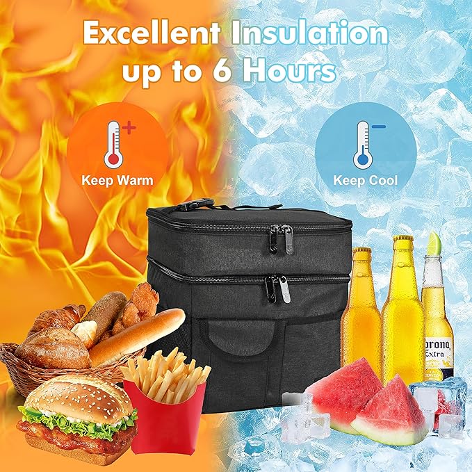 Tirrinia Large Insulated Lunch Box for Women Men, Double-Layer Leak-Proof Reusable Lunch Bag with 4 Pockets for Adult, Lunch Bag Cooler Tote for Office Work and Travel,Black