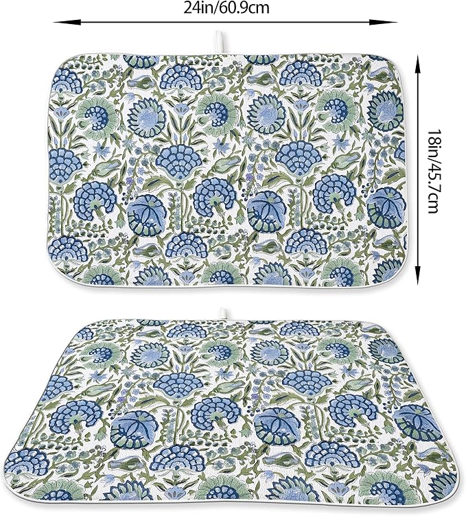 Blue Sage Green Floral Dish Drying Mats 18x24 Inch Sage Green Block Print Flower Holiday Kitchen Decor Absorbent Drying Pad Rack Drainer Mats for Kitchen Dining Room Counter