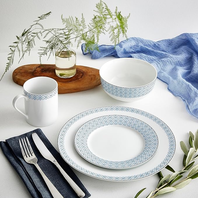 Portmeirion Home Mallorca 16 Piece Porcelain Dinnerware Set with Blue Geometric Border, 4 Place Settings - Ideal for Weekday Meals, Casual Brunches, Relaxed Dinner Parties, Small Family Celebrations