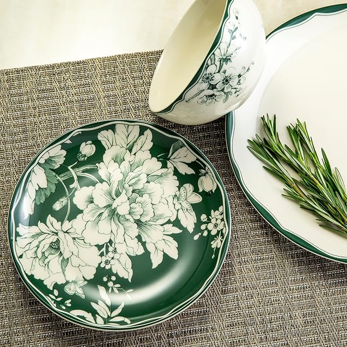 222 Fifth 12-Piece Porcelain Dinnerware Set for 4, White & Sage Green Plates and Bowls Set, Glossy Ceramic Dish Set with Detailed Floral Design, Microwave & Dishwasher Safe Dishes for Dining, Brittany