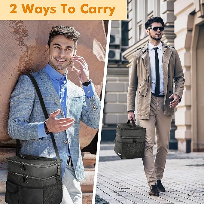 Tirrinia Large Insulated Lunch Box for Women Men, Double-Layer Leak-Proof Reusable Lunch Bag with 4 Pockets for Adult, Lunch Bag Cooler Tote for Office Work and Travel,Black