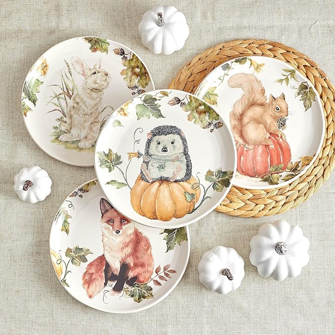 Bico Woodland Critters Ceramic Salad Plates, 8.75 inch, Set of 4, for Salad, Appetizer, Microwave & Dishwasher Safe